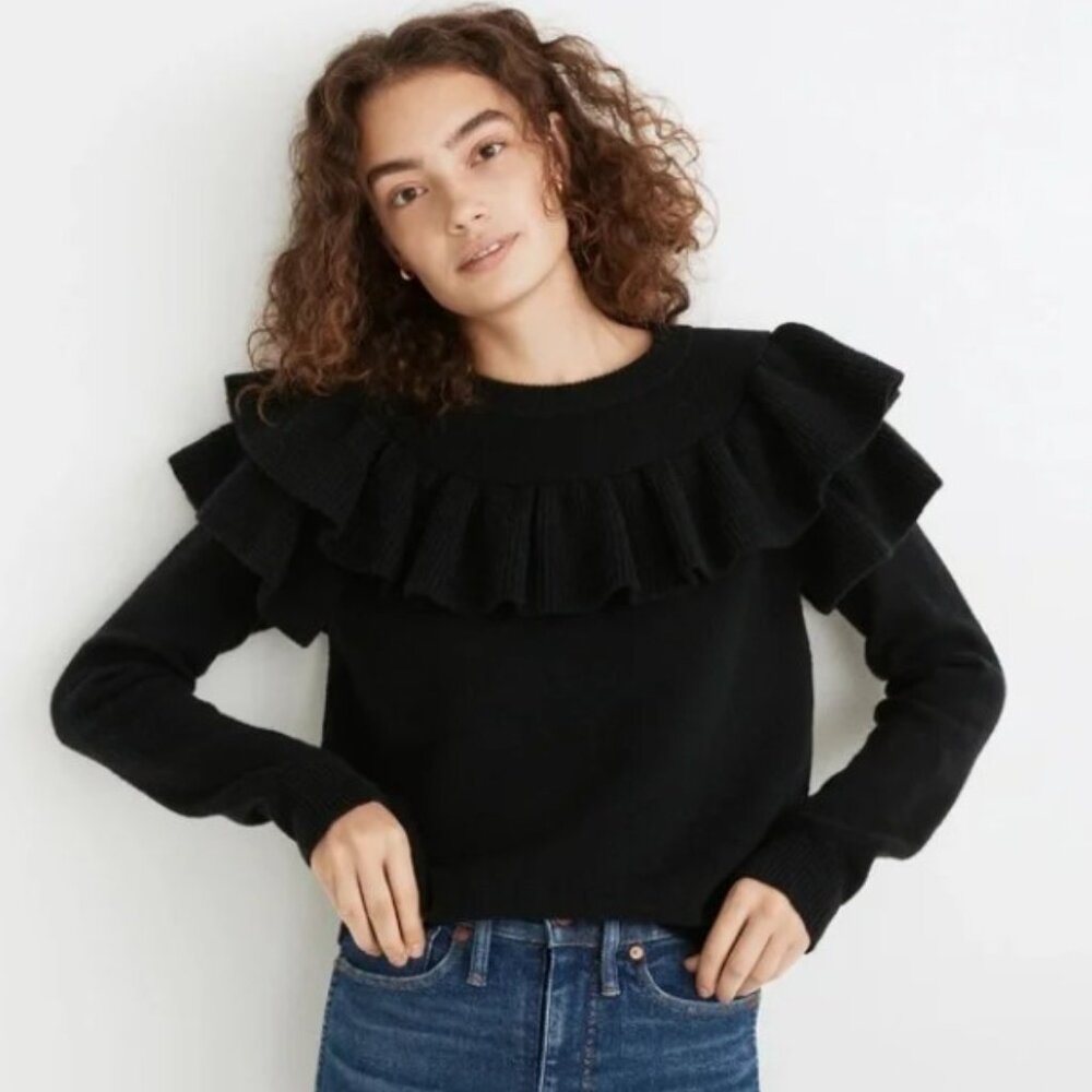 Madewell Black Ruffle-Yoke Merino Wool-Blend Sweater in Coziest Yarn - Sz M